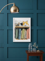Cats On Bookshelf Art art print shown in a deep teal modern setting