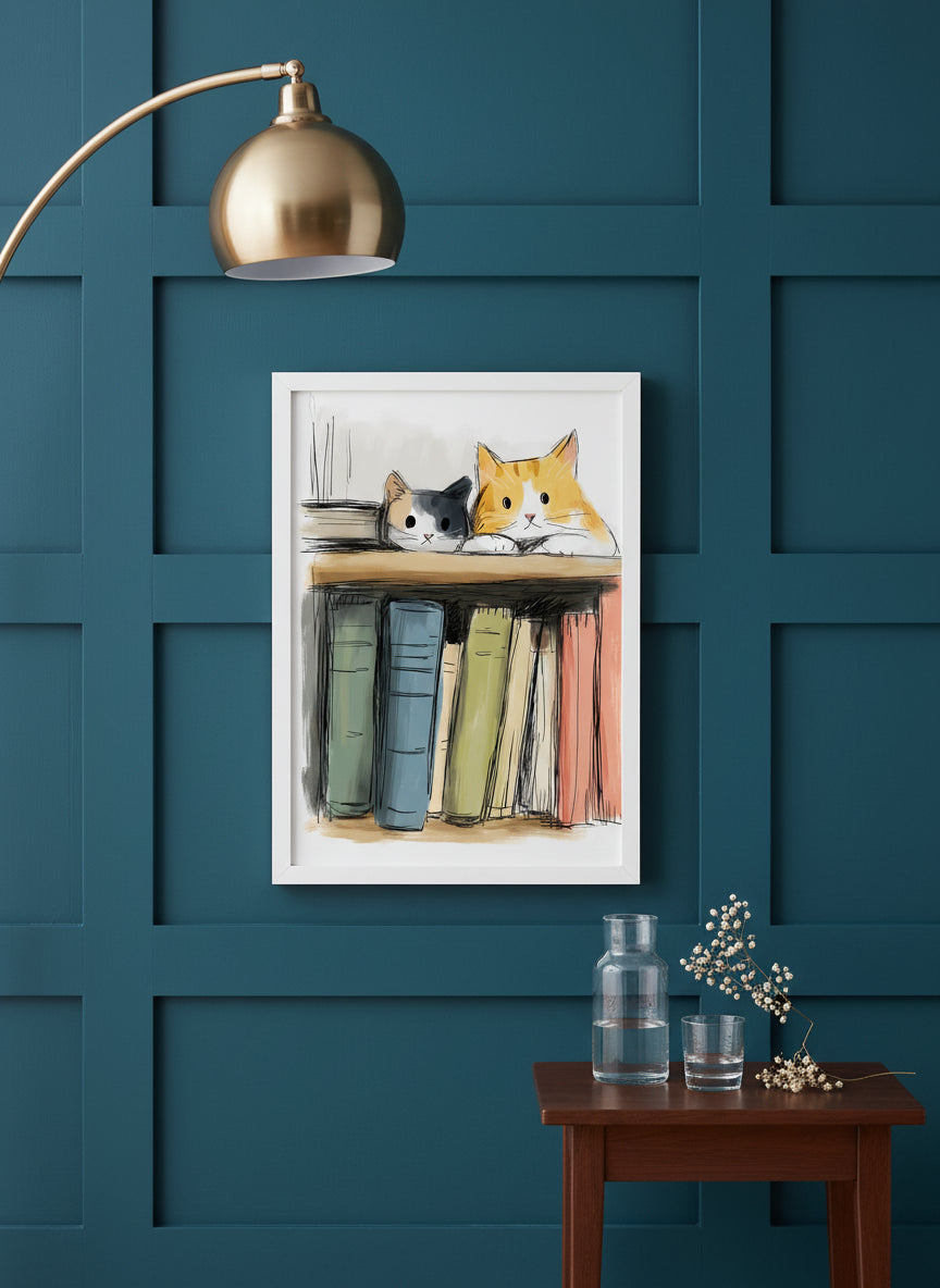 Cats On Bookshelf Art art print shown in a deep teal modern setting