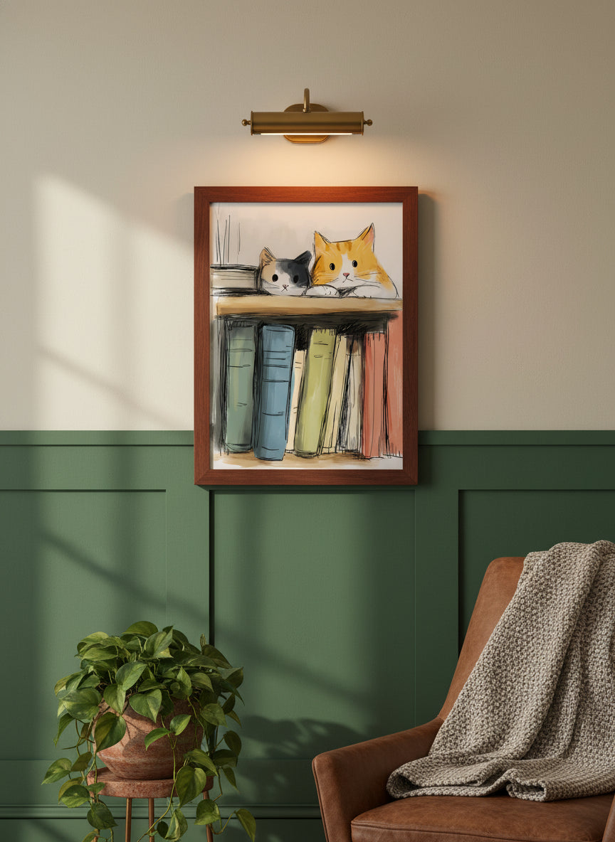 Cats On Bookshelf Art art print shown in a forest green walnut setting