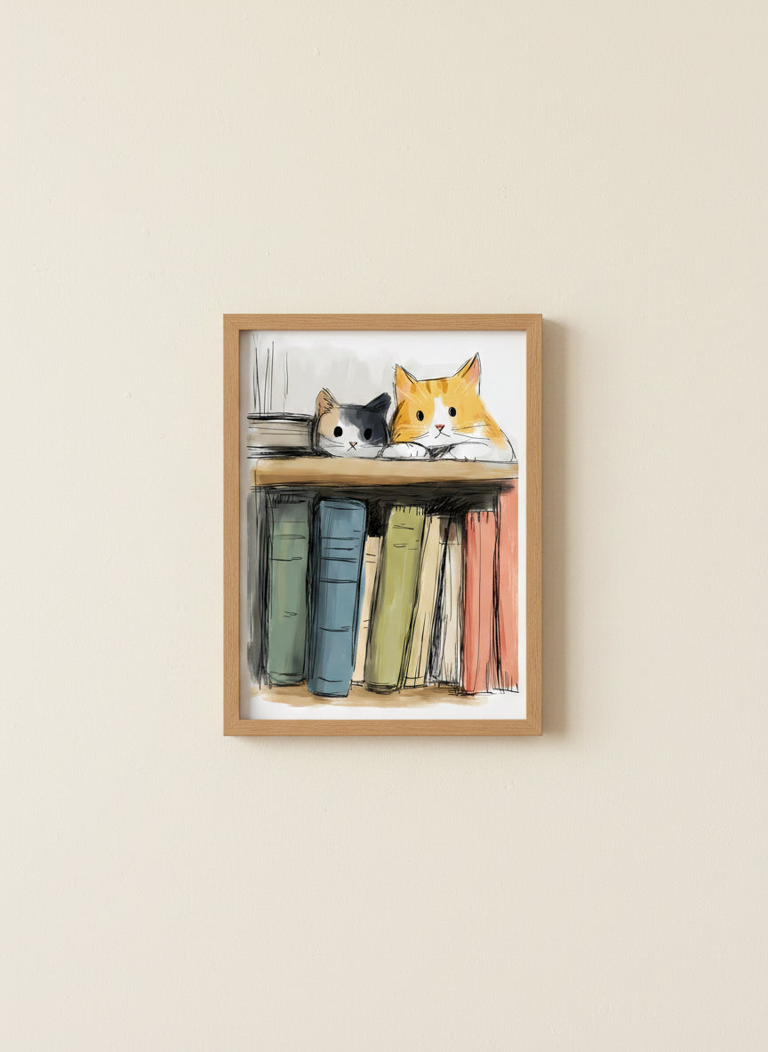 Cats On Bookshelf Art art print