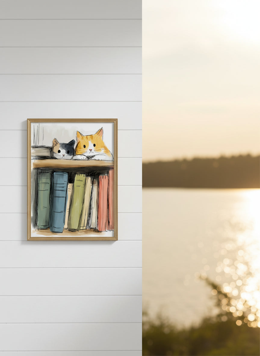 Cats On Bookshelf Art art print shown in a shiplap blurred view setting