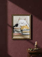 Cats and Books Illustration art print shown in a burgundy brass setting