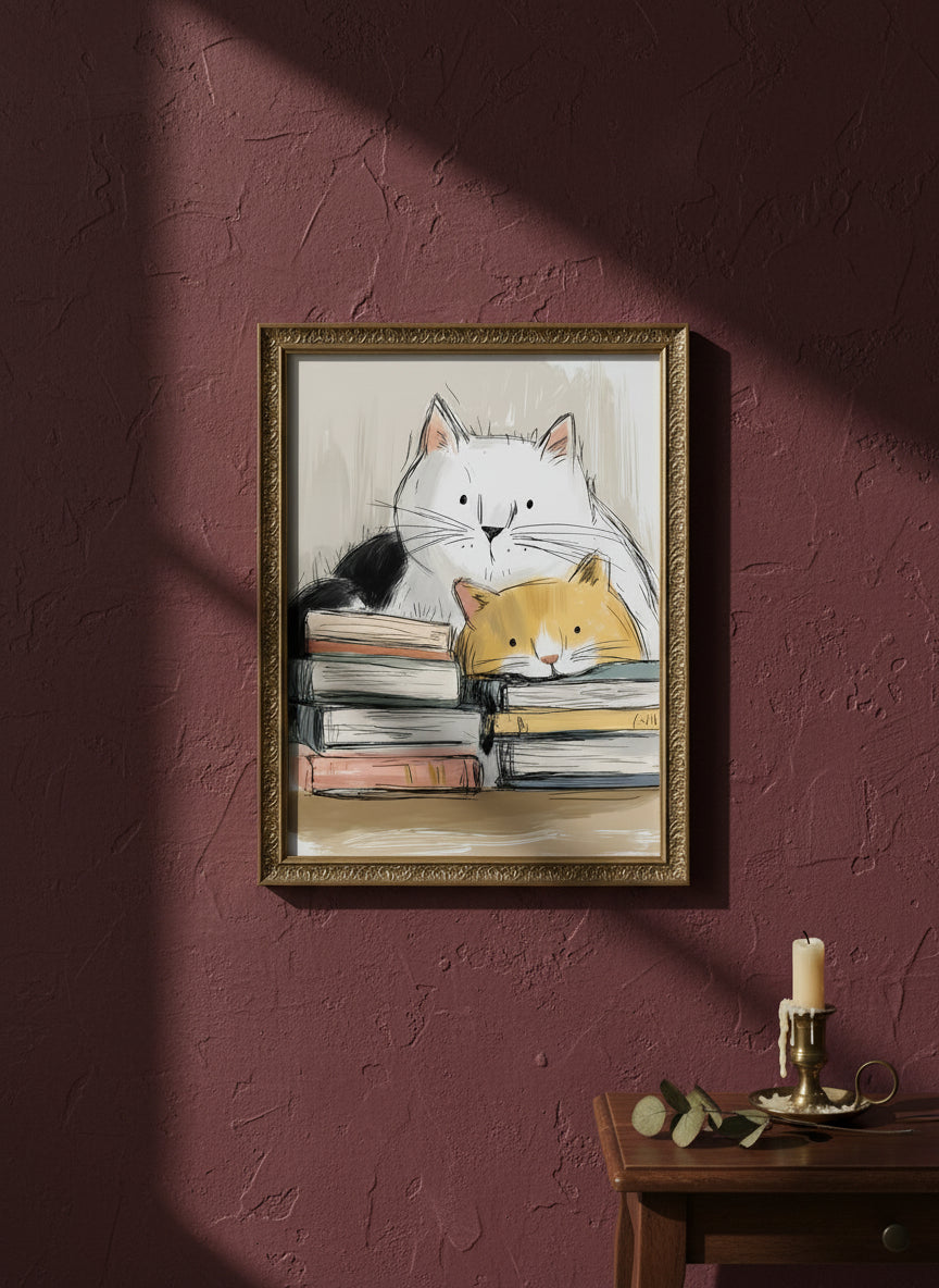 Cats and Books Illustration art print shown in a burgundy brass setting