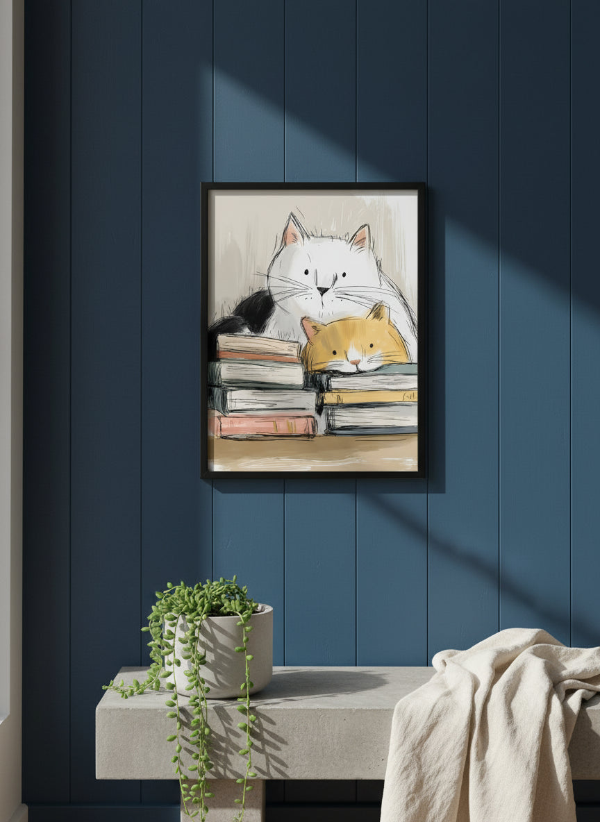 Cats and Books Illustration art print shown in a charcoal minimal black setting