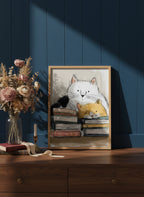 Cats and Books Illustration art print shown in a dresser dried florals setting
