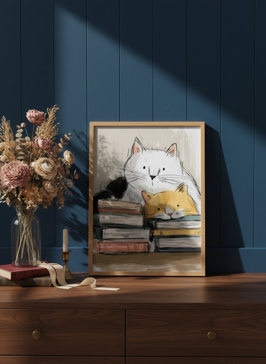 Cats and Books Illustration art print shown in a dresser dried florals setting