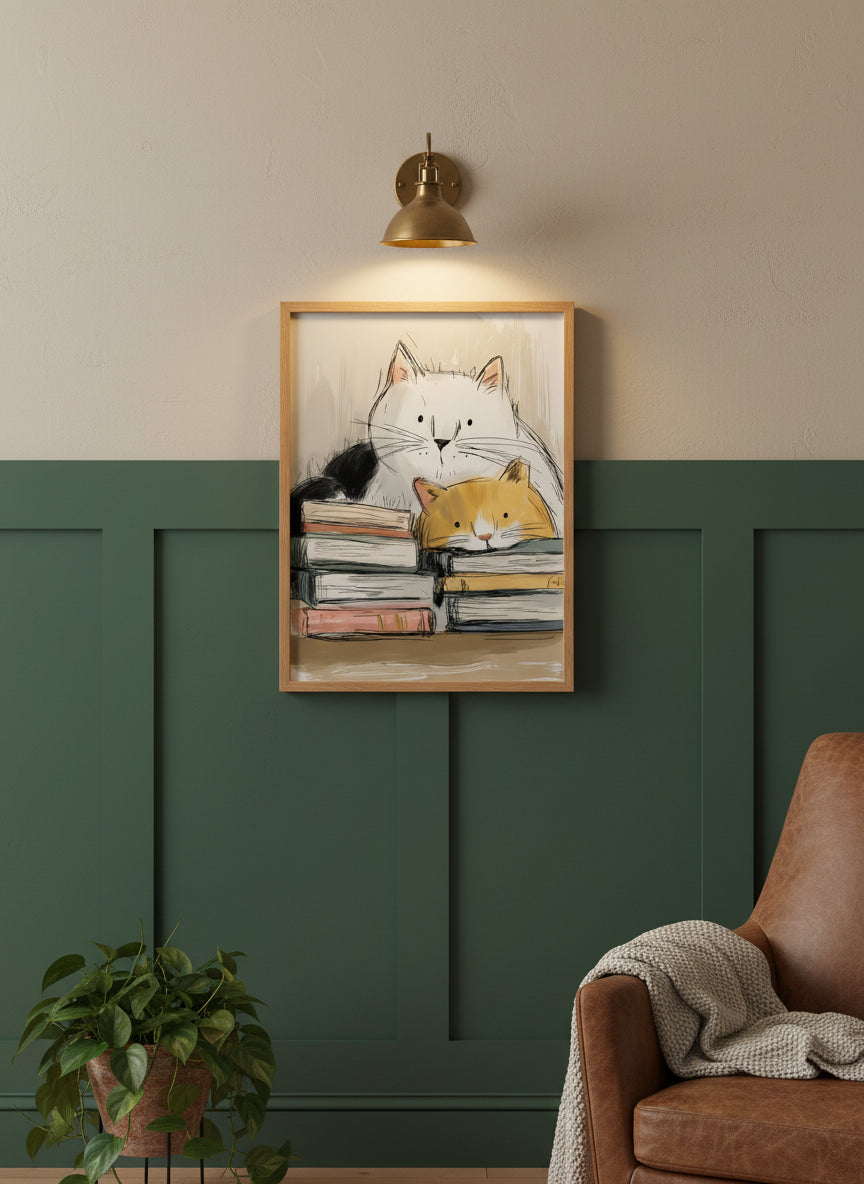 Cats and Books Illustration art print shown in a forest green walnut setting