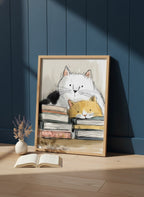 Cats and Books Illustration art print shown in a navy paneled oak setting