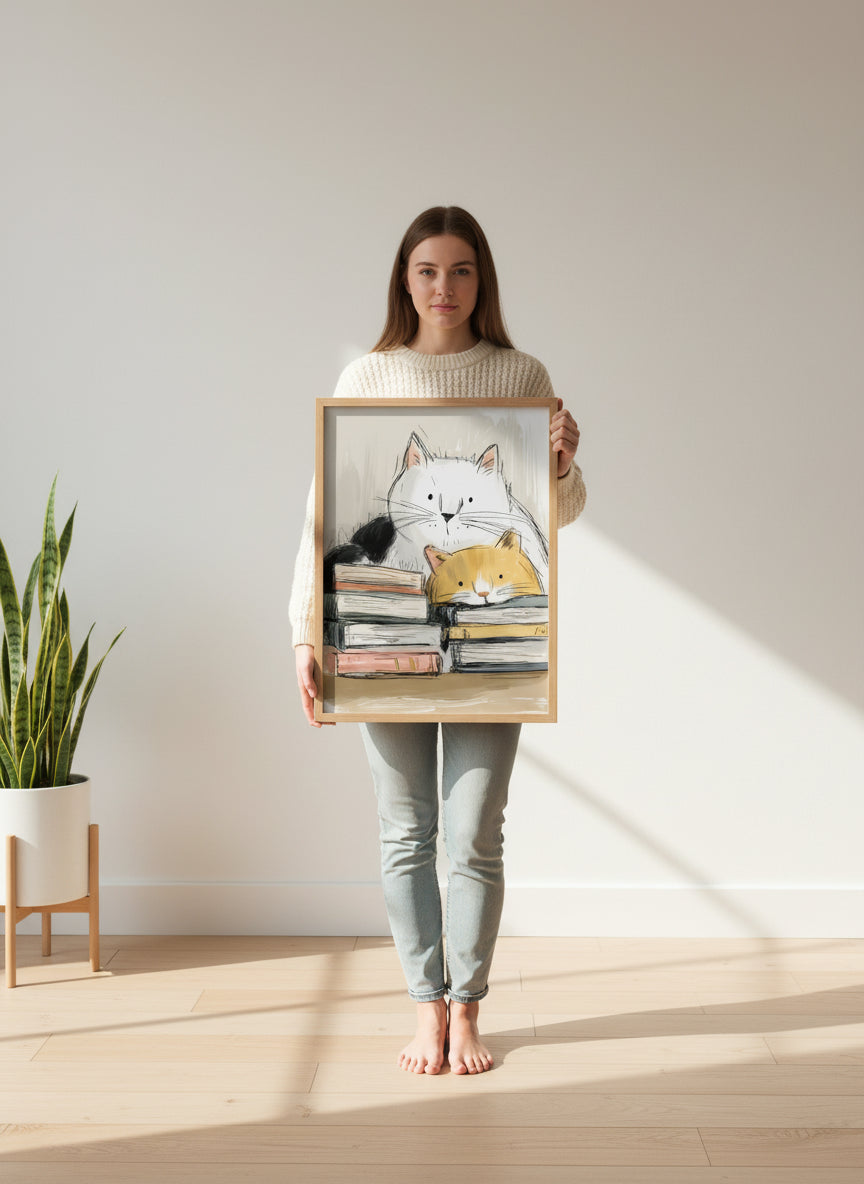 Cats and Books Illustration art print shown in a person holding bright setting
