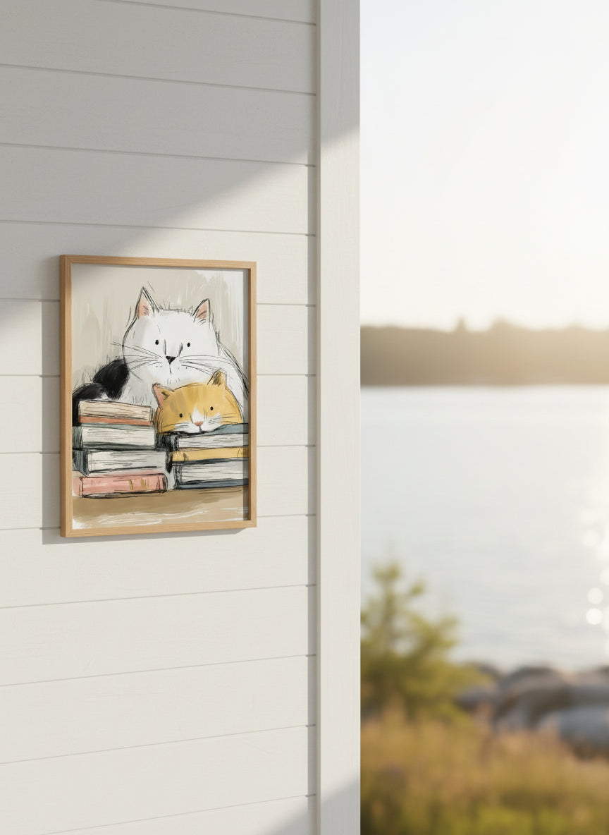 Cats and Books Illustration art print shown in a shiplap blurred view setting