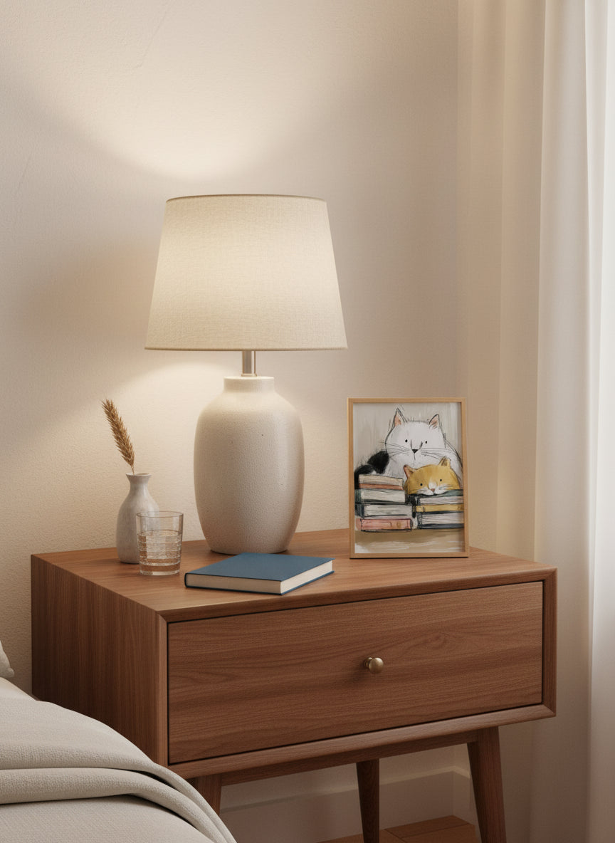 Cats and Books Illustration art print shown in a small bedside oak setting