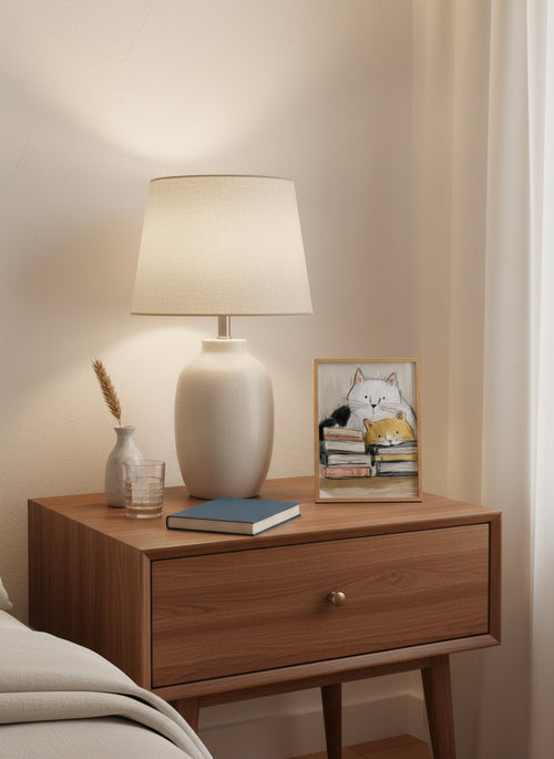 Cats and Books Illustration art print shown in a small bedside oak setting