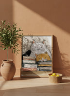 Cats and Books Illustration art print shown in a terracotta rustic setting