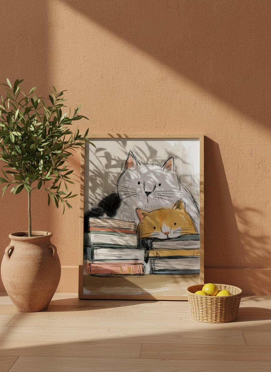 Cats and Books Illustration art print shown in a terracotta rustic setting