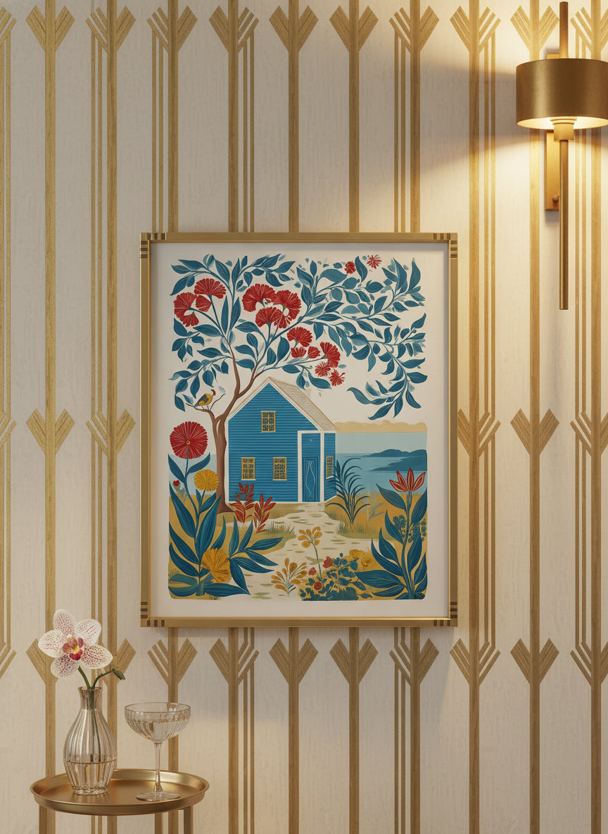 Folk Art Coastal Cottage Floral art print shown in a art deco geometric setting