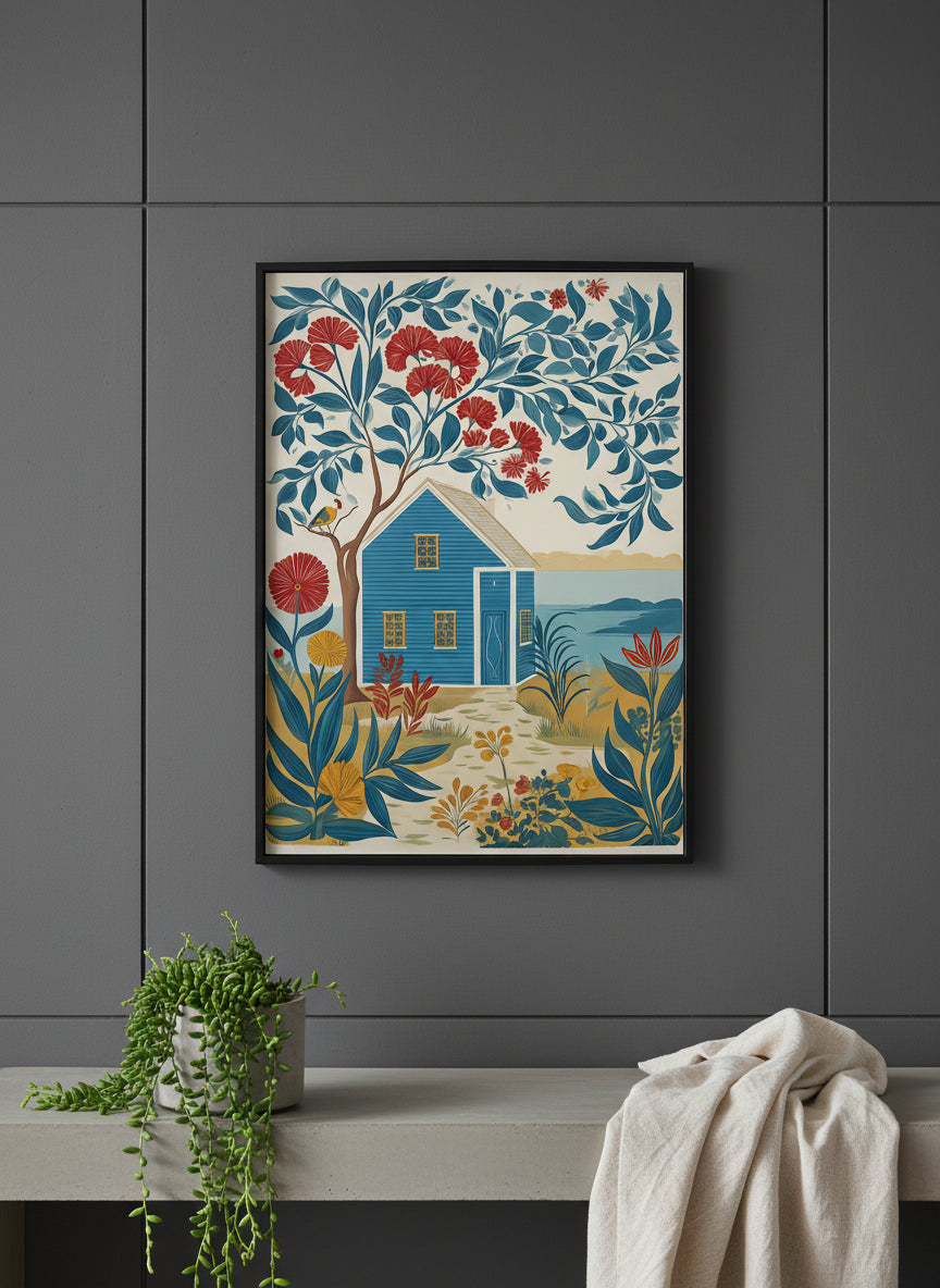 Folk Art Coastal Cottage Floral art print shown in a charcoal minimal black setting