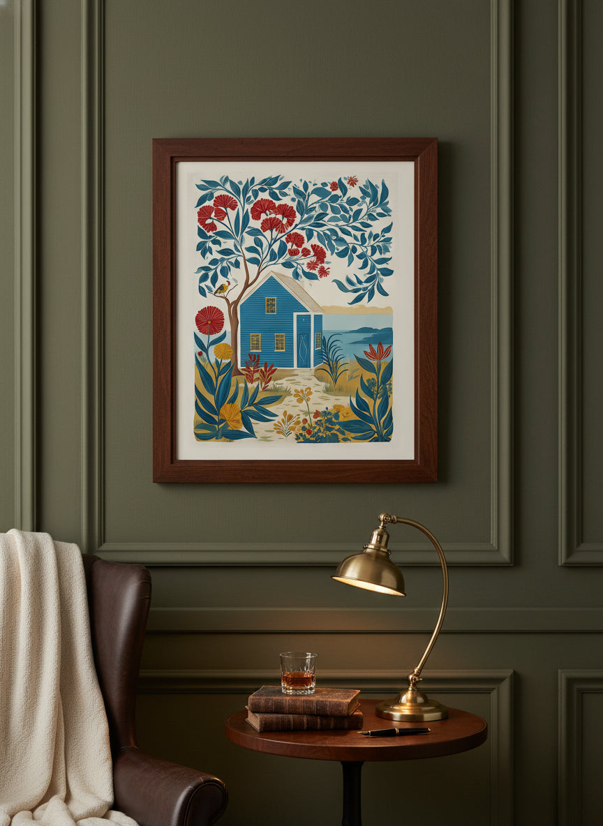 Folk Art Coastal Cottage Floral art print shown in a dark olive study setting