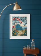 Folk Art Coastal Cottage Floral art print shown in a deep teal modern setting
