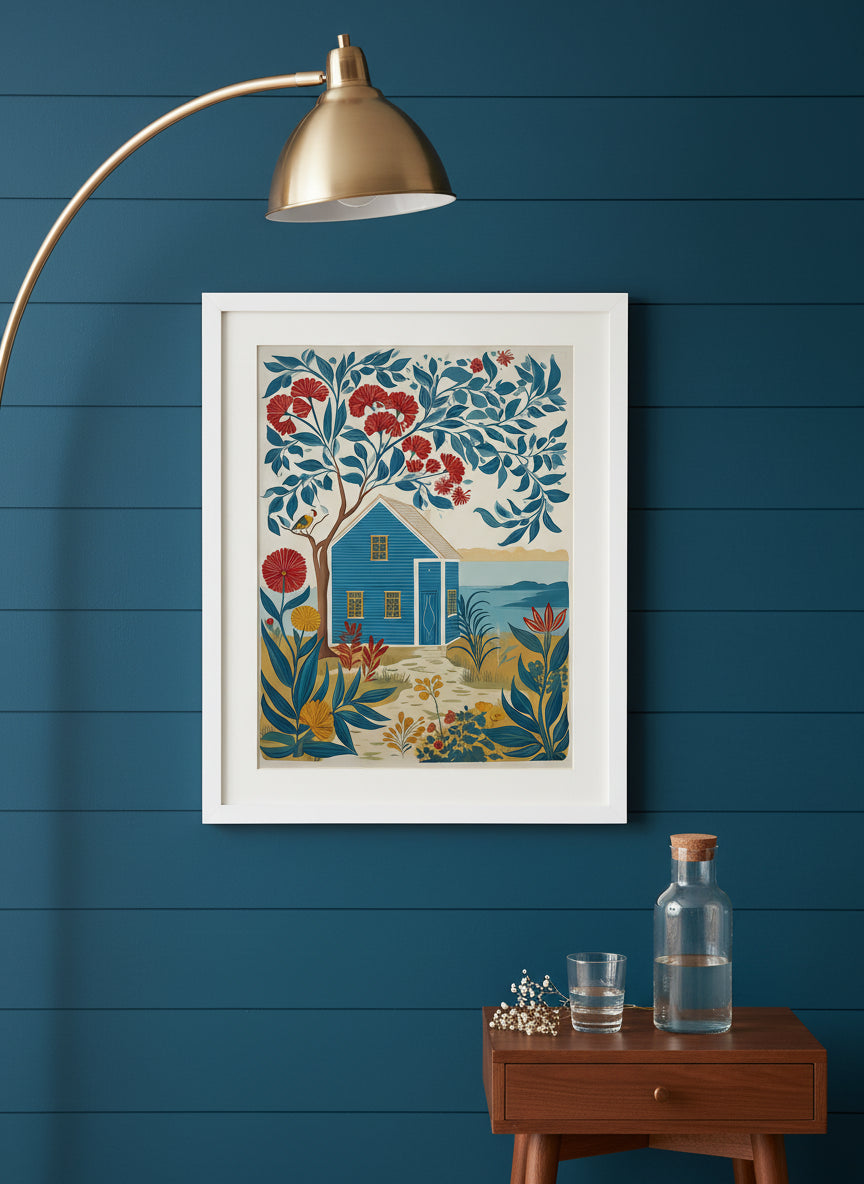 Folk Art Coastal Cottage Floral art print shown in a deep teal modern setting