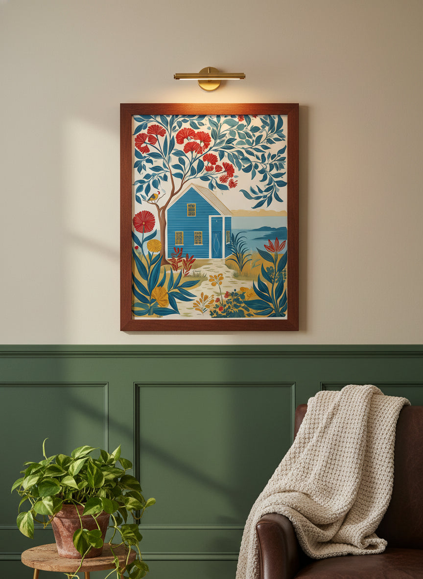 Folk Art Coastal Cottage Floral art print shown in a forest green walnut setting
