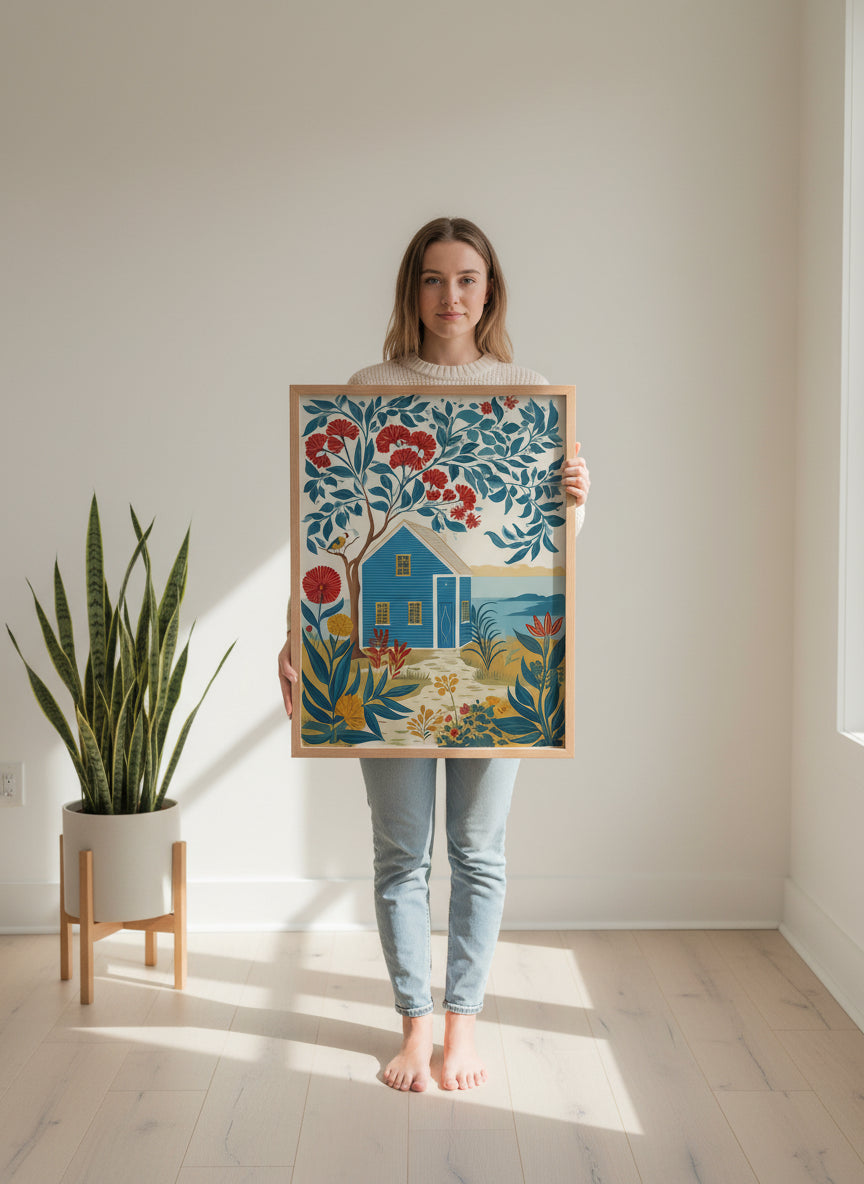 Folk Art Coastal Cottage Floral art print shown in a person holding bright setting