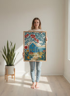 Folk Art Coastal Cottage Floral art print shown in a person holding bright setting