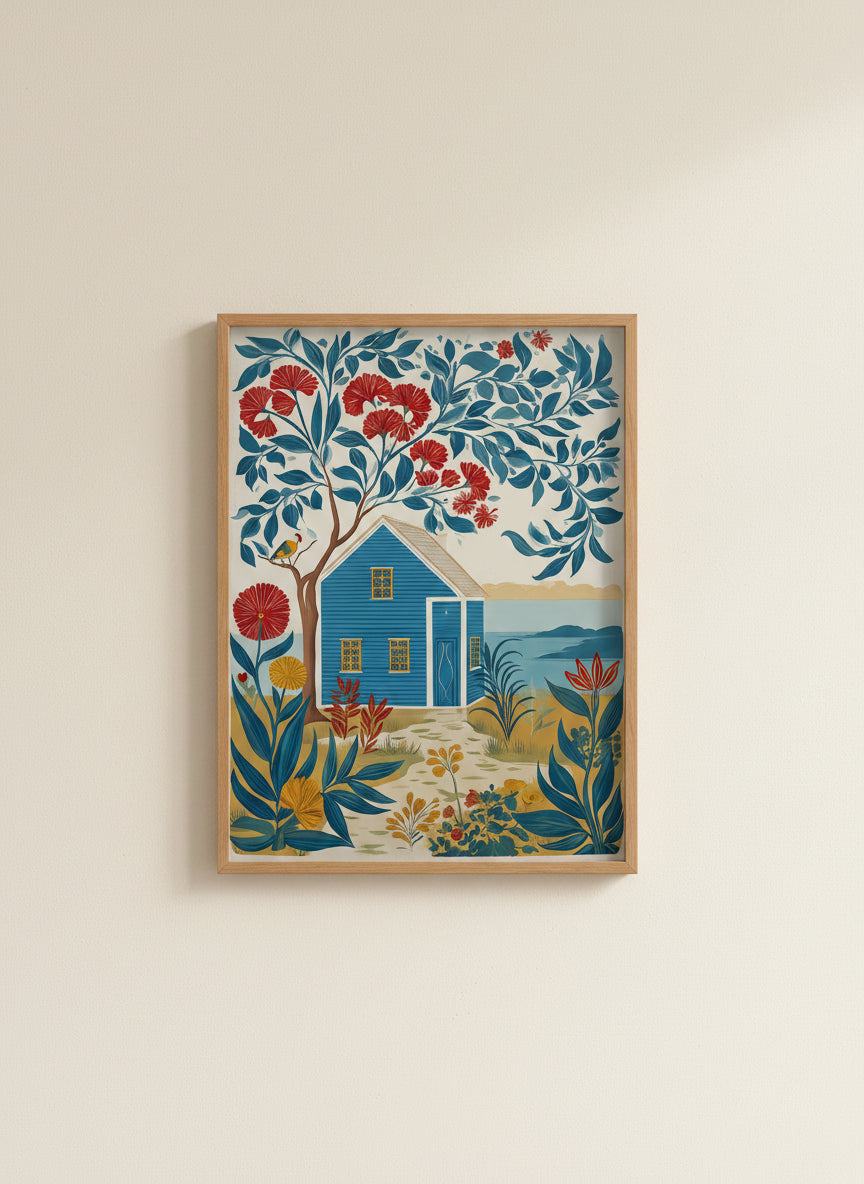 Folk Art Coastal Cottage Floral art print