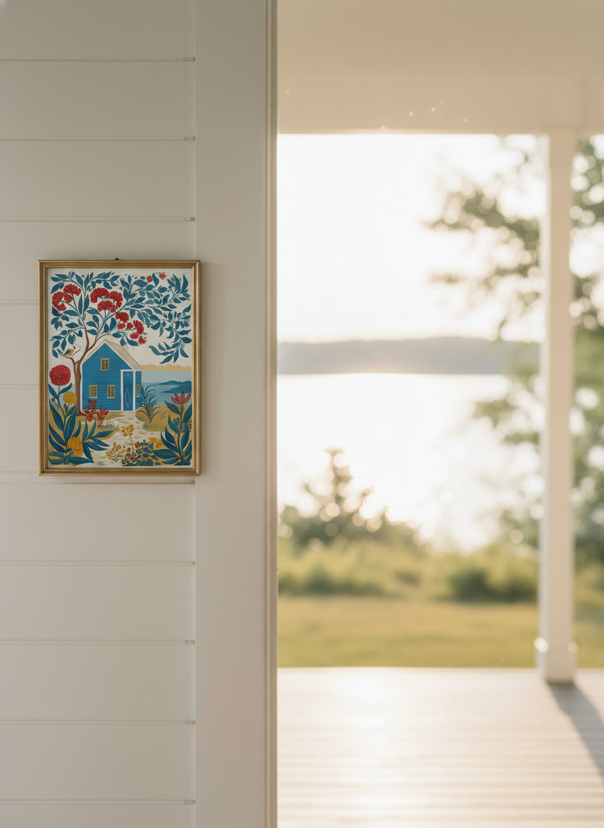 Folk Art Coastal Cottage Floral art print shown in a shiplap blurred view setting