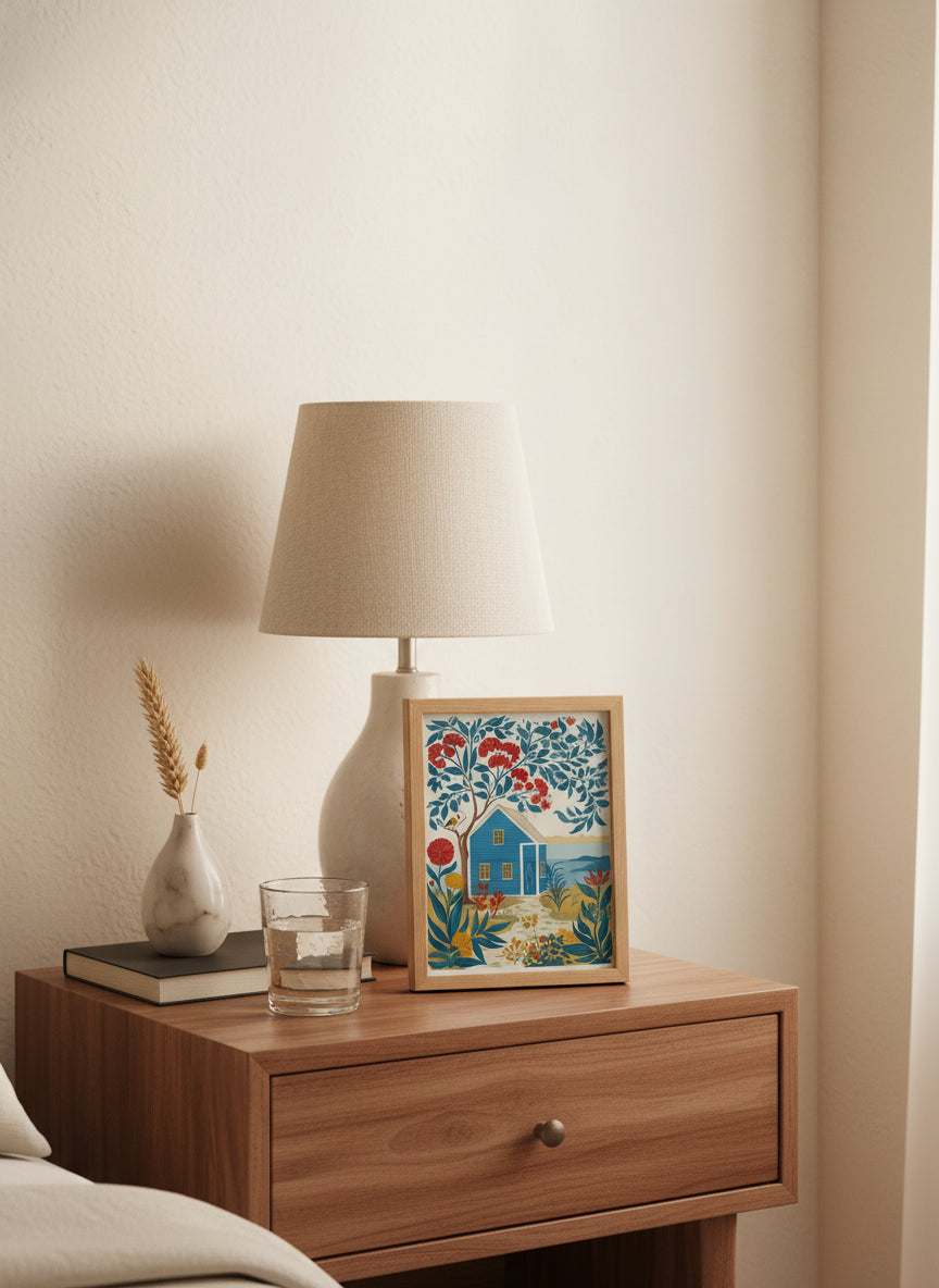 Folk Art Coastal Cottage Floral art print shown in a small bedside oak setting
