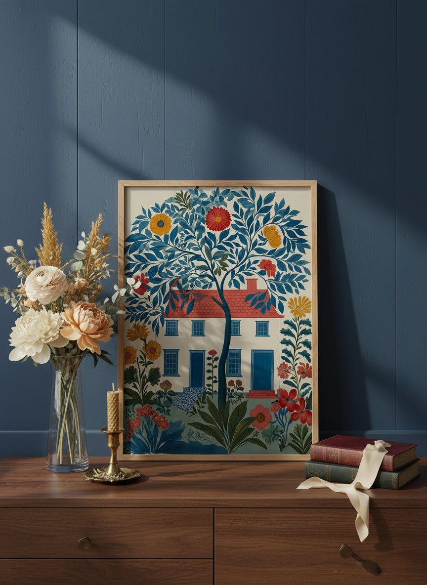 Folk Art Floral Cottage House art print shown in a dresser dried florals setting