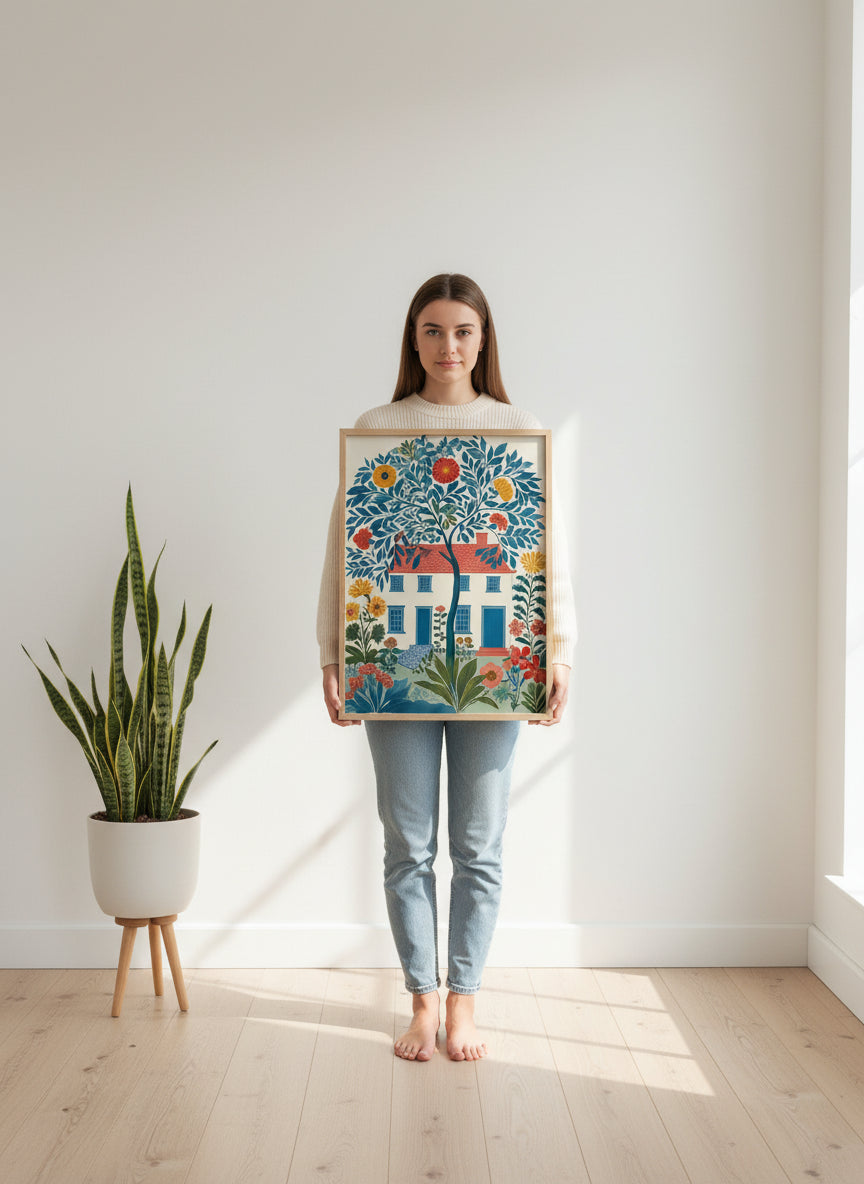 Folk Art Floral Cottage House art print shown in a person holding bright setting