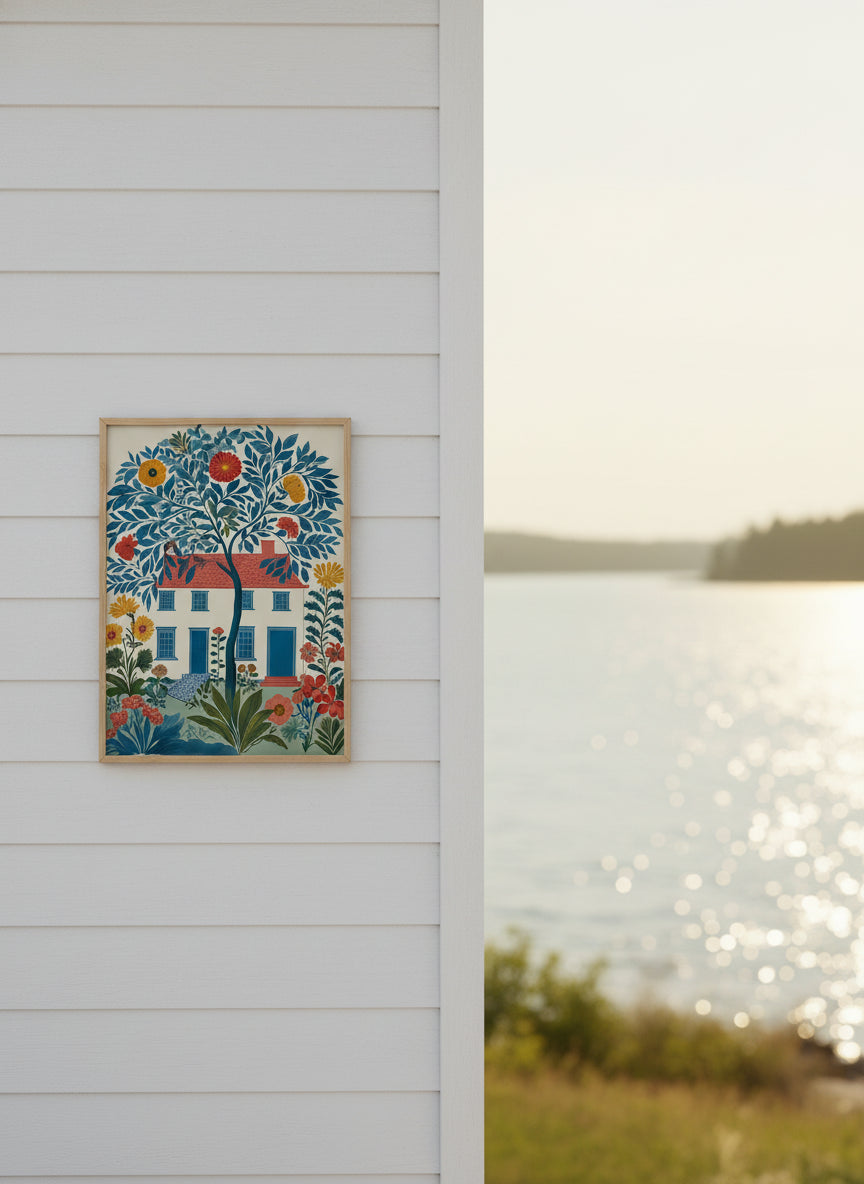 Folk Art Floral Cottage House art print shown in a shiplap blurred view setting