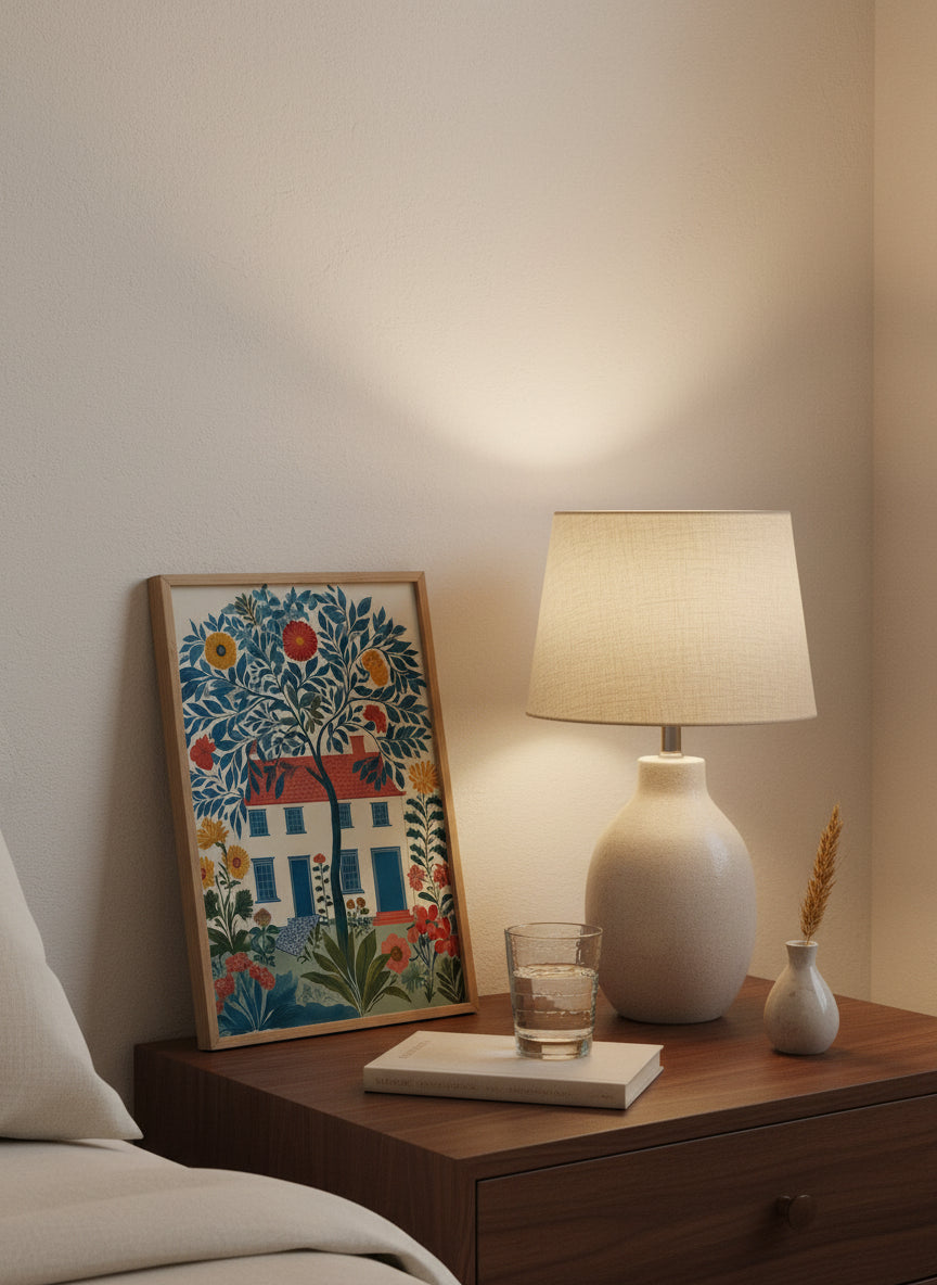 Folk Art Floral Cottage House art print shown in a small bedside oak setting