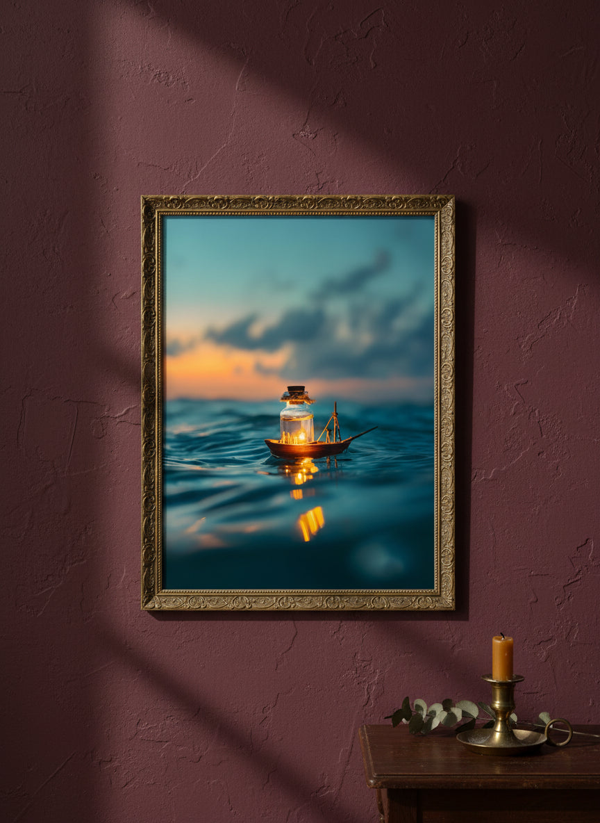 Tiny Glowing Boat Ocean Art art print shown in a burgundy brass setting