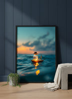 Tiny Glowing Boat Ocean Art art print shown in a charcoal minimal black setting