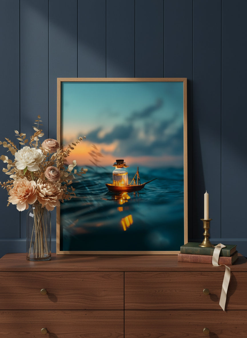 Tiny Glowing Boat Ocean Art art print shown in a dresser dried florals setting