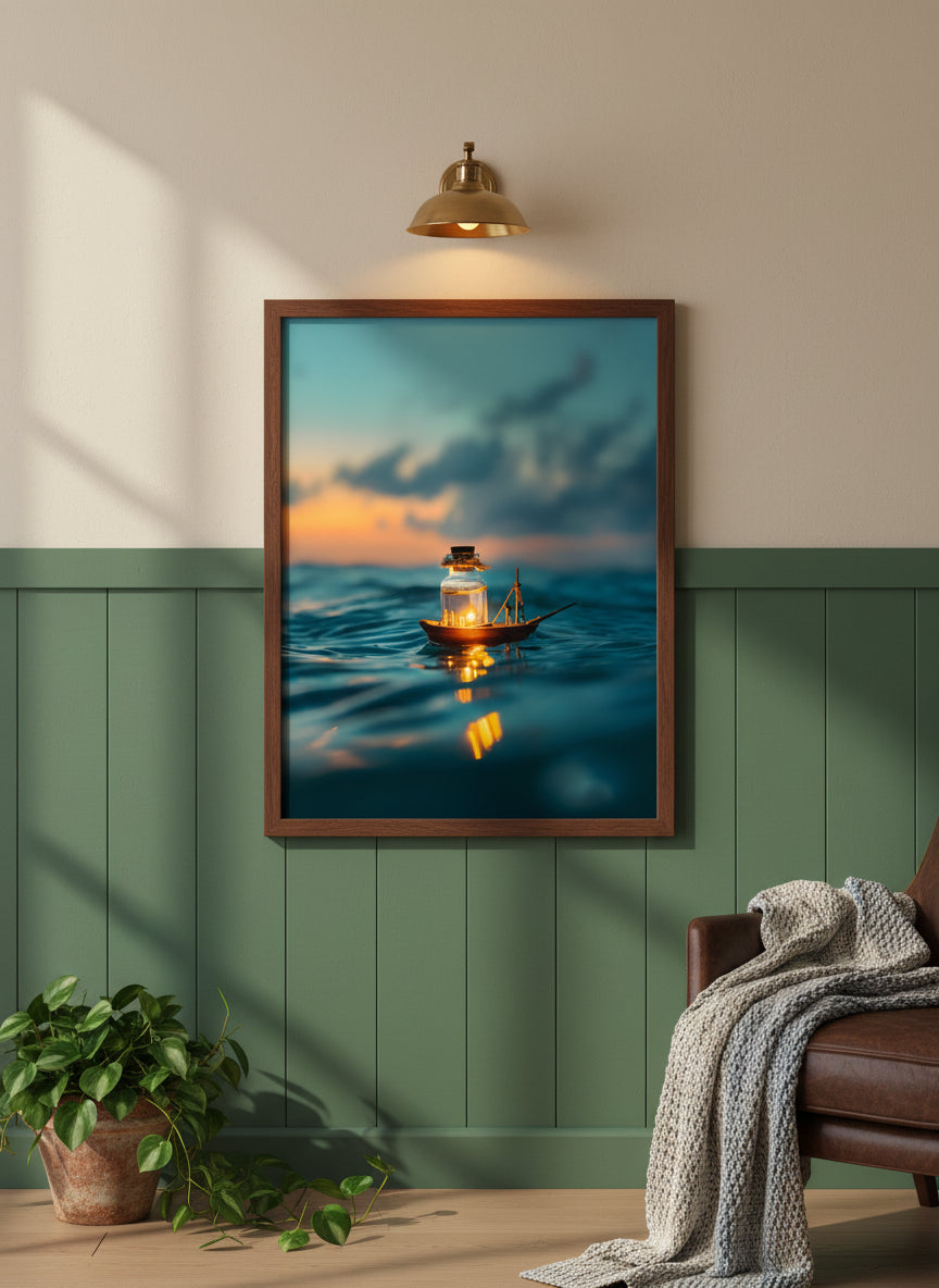 Tiny Glowing Boat Ocean Art art print shown in a forest green walnut setting