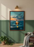 Tiny Glowing Boat Ocean Art art print shown in a forest green walnut setting