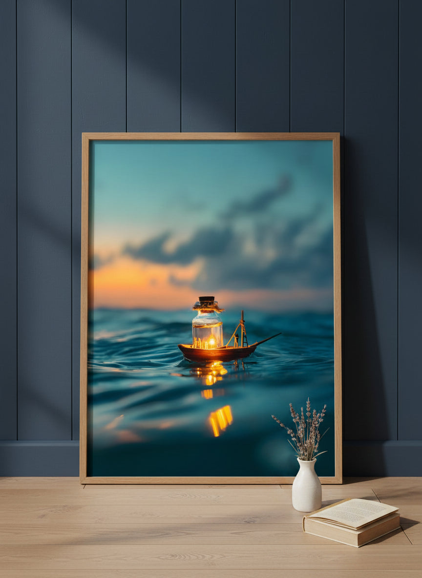 Tiny Glowing Boat Ocean Art art print shown in a navy paneled oak setting
