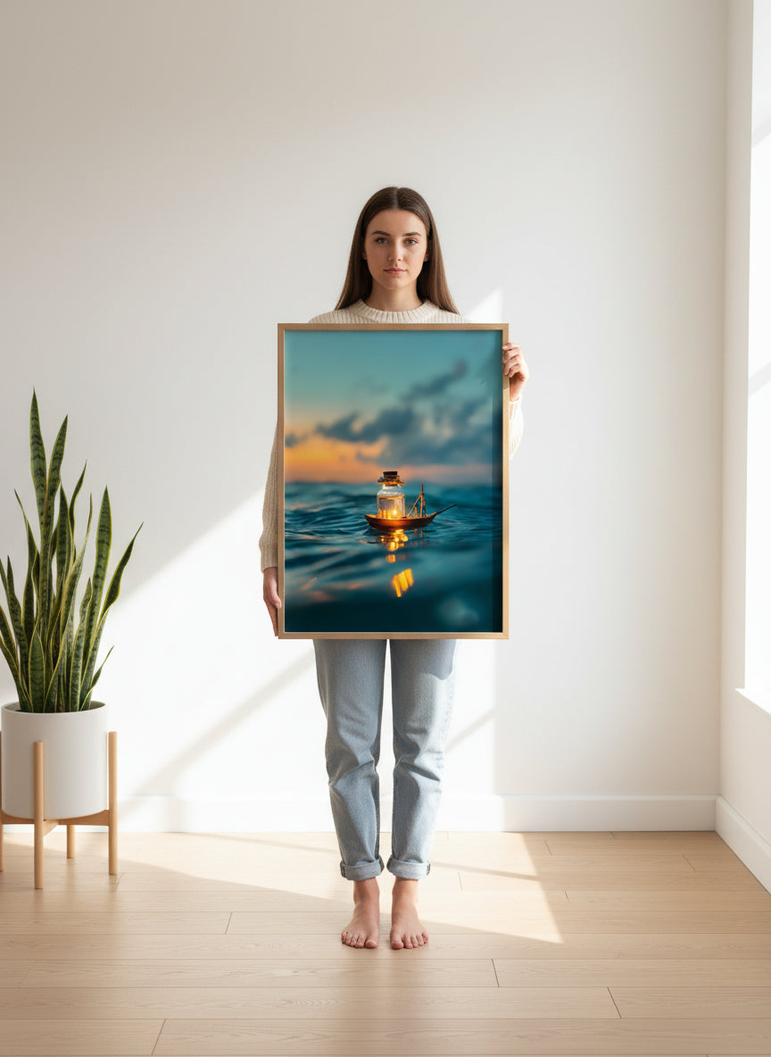 Tiny Glowing Boat Ocean Art art print shown in a person holding bright setting