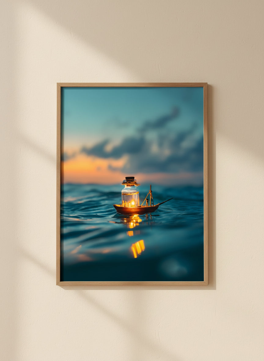 Tiny Glowing Boat Ocean Art art print