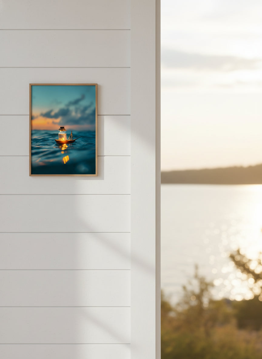 Tiny Glowing Boat Ocean Art art print shown in a shiplap blurred view setting