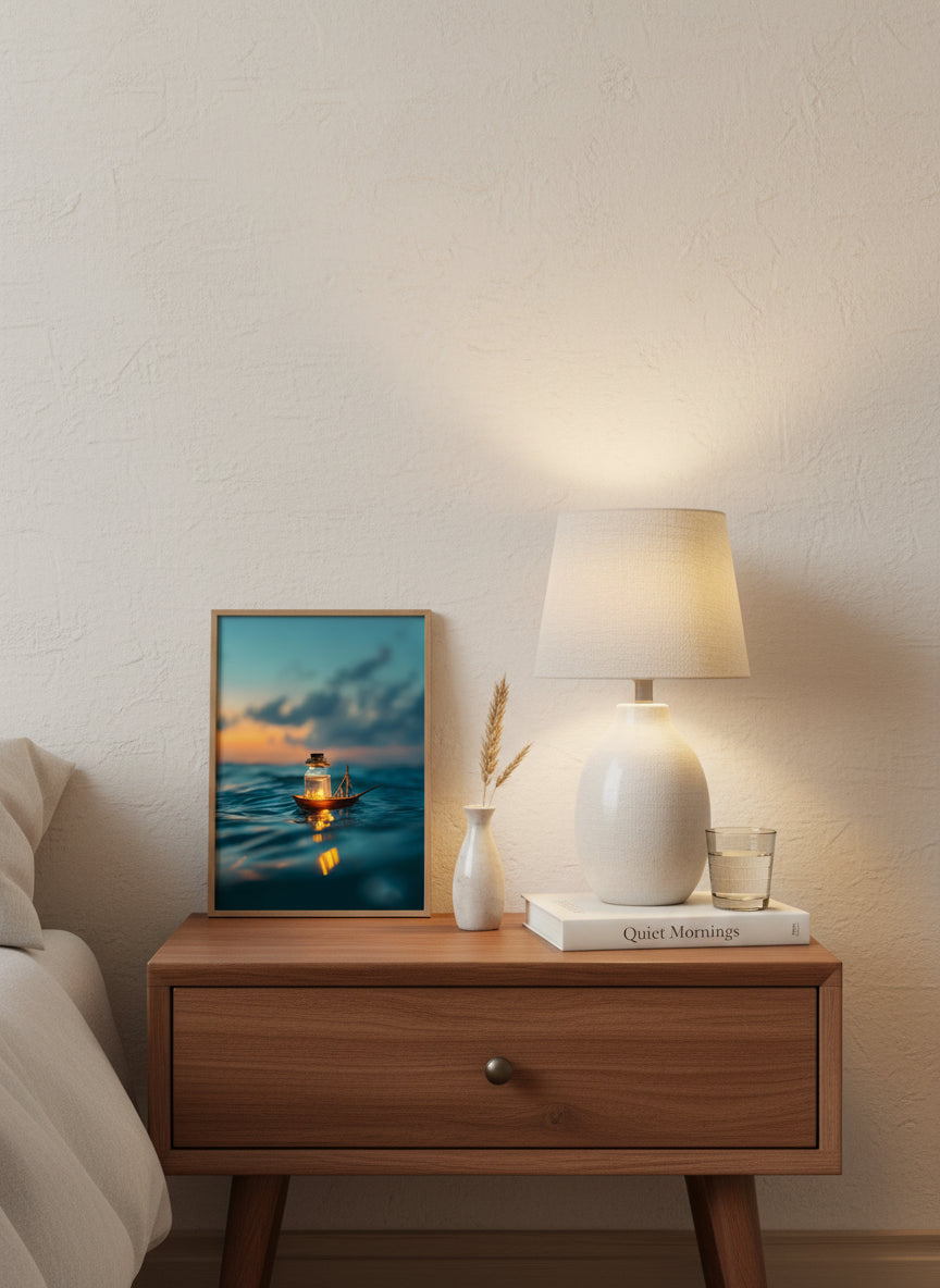 Tiny Glowing Boat Ocean Art art print shown in a small bedside oak setting