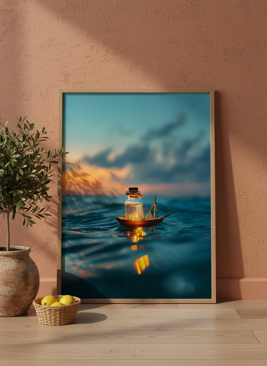 Tiny Glowing Boat Ocean Art art print shown in a terracotta rustic setting