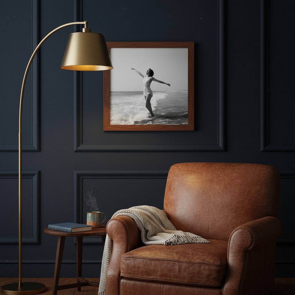 Vintage Black White Beach Woman Art art print shown in a square armchair navy setting