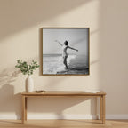 Vintage Black White Beach Woman Art art print shown in a square console brass setting