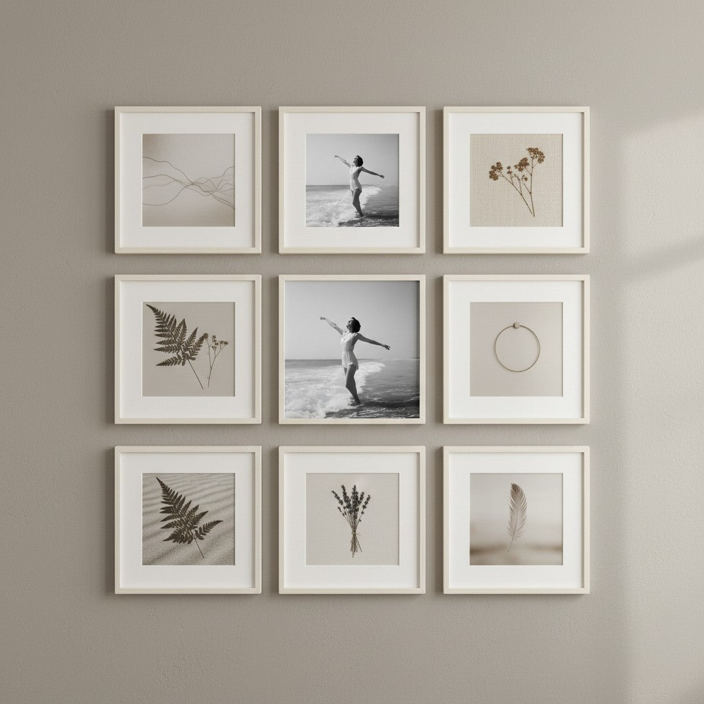 Vintage Black White Beach Woman Art art print shown in a square grid gallery putty setting