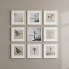 Vintage Black White Beach Woman Art art print shown in a square grid gallery putty setting