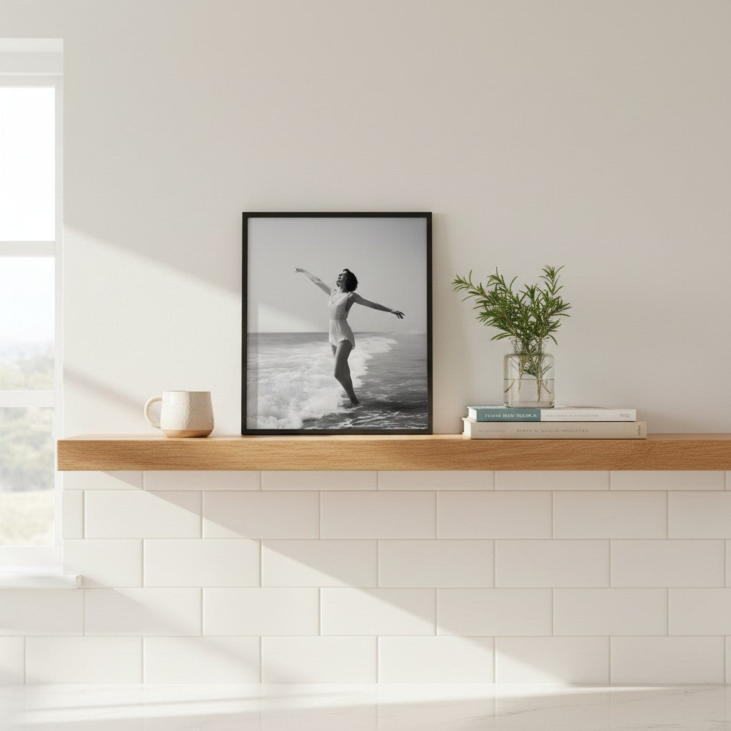 Vintage Black White Beach Woman Art art print shown in a square kitchen open shelf setting
