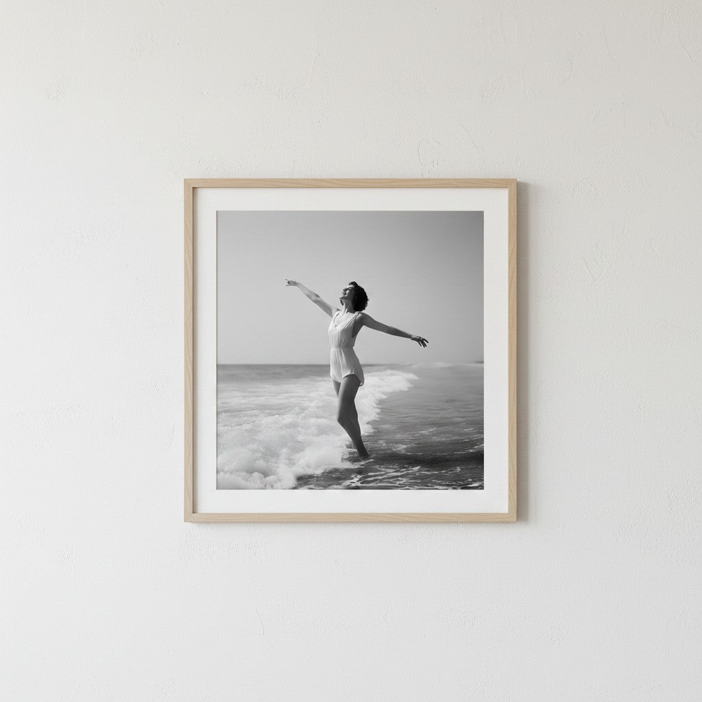 Vintage Black White Beach Woman Art art print shown in a square minimal ash setting
